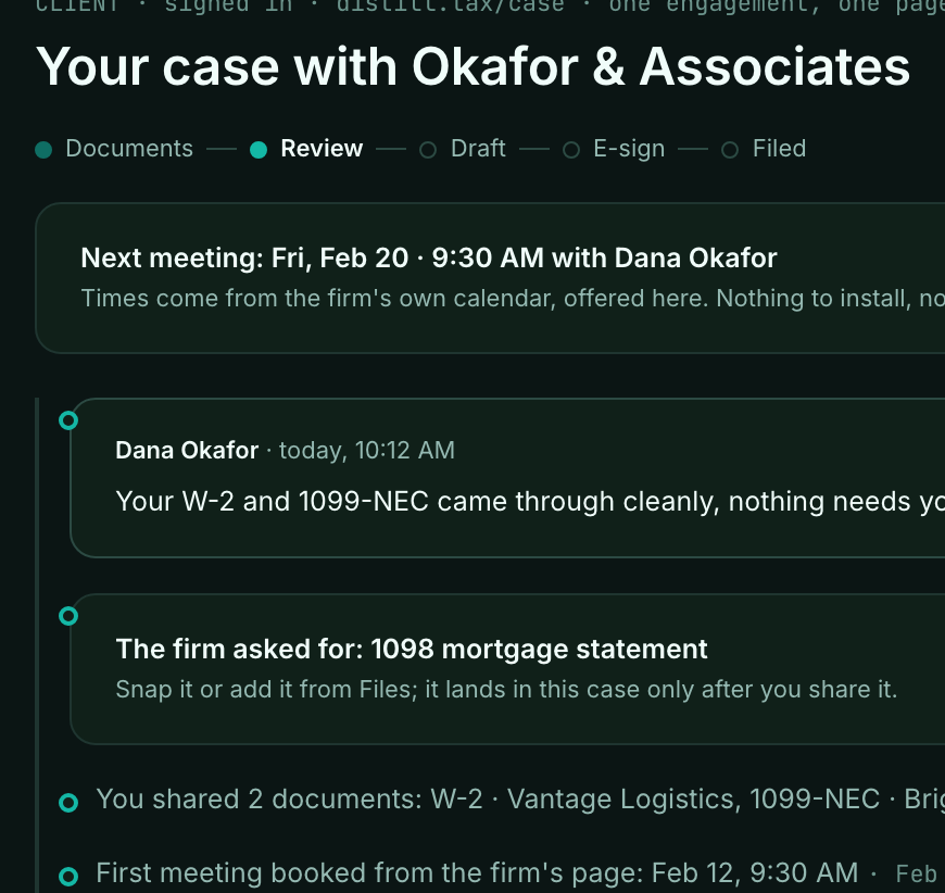 Your case with Okafor and Associates: stage strip, next meeting with Dana Okafor and Request a different time, a message from your CPA, a document request, your shared documents