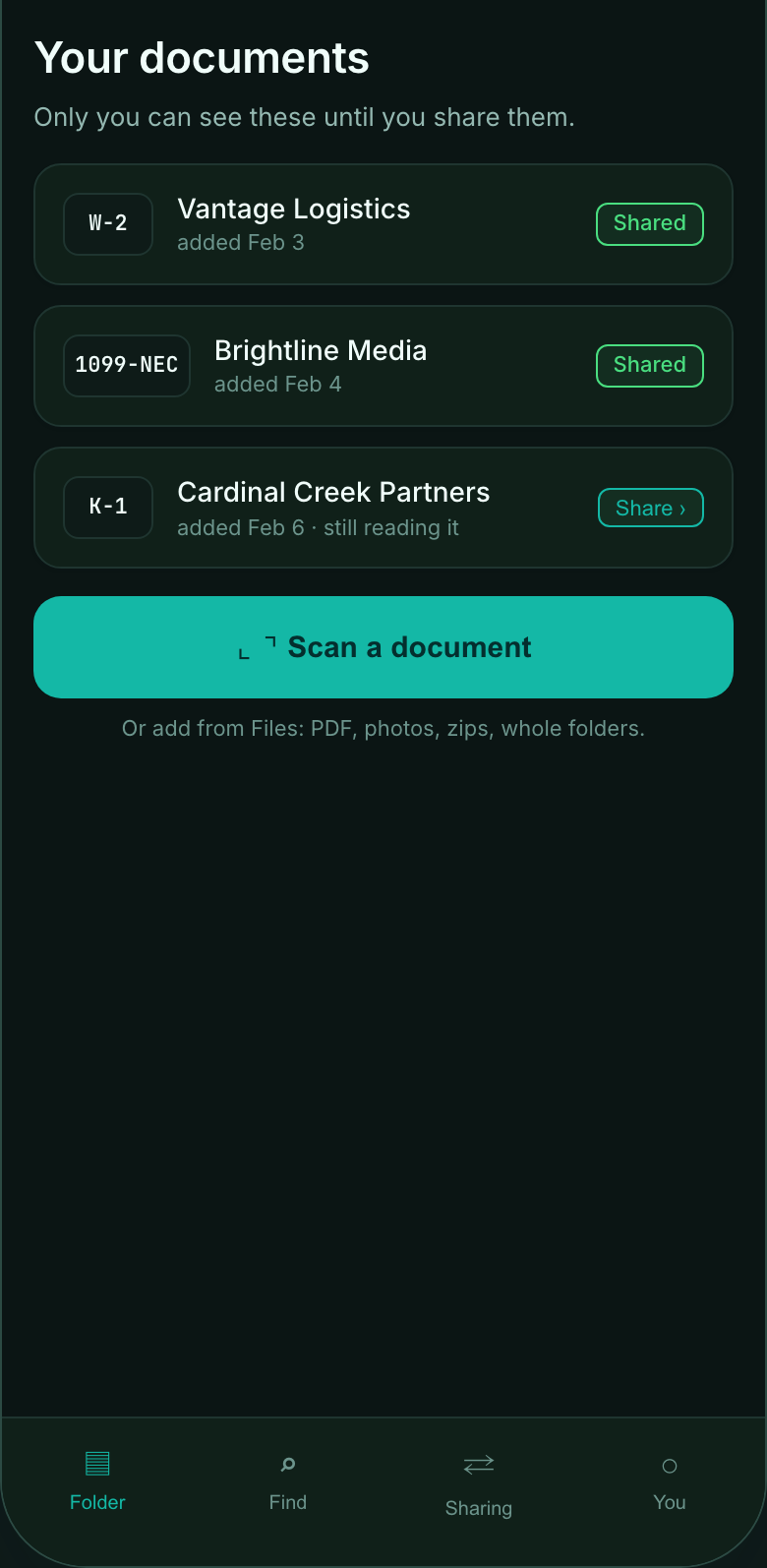 Distill client app: Your documents, W-2 and 1099-NEC shared, K-1 reading, Scan a document